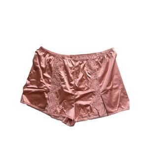 Vintage Women's Miss Elaine Pink Satin Sleep Shorts Lace Trim Size M Made in USA